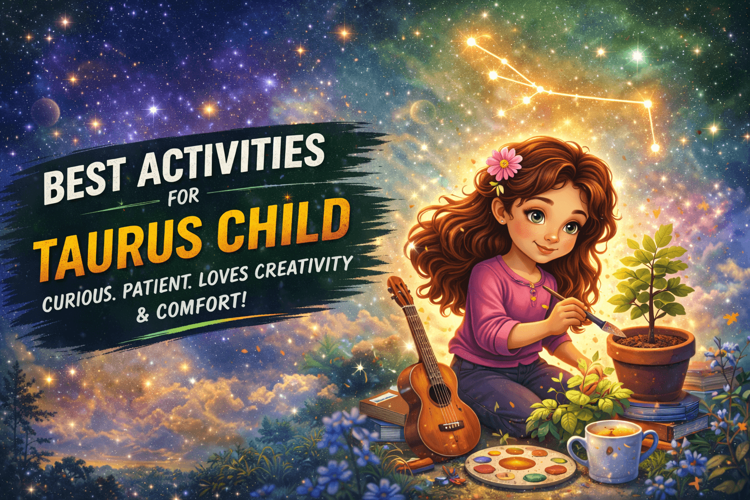 Illustrated Taurus child gardening and playing music in a glowing celestial scene