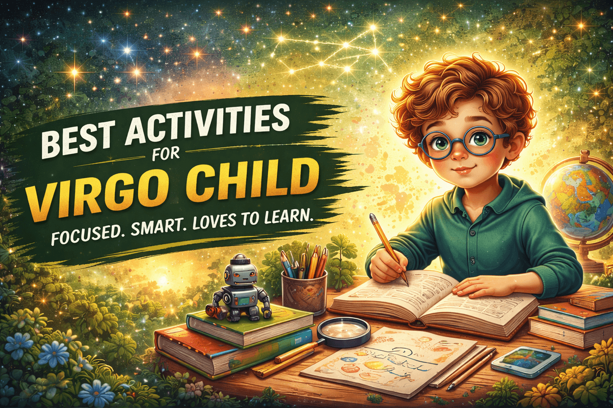 best activities for virgo child astrology guide showing focused child studying with books and learning tools under virgo constellation