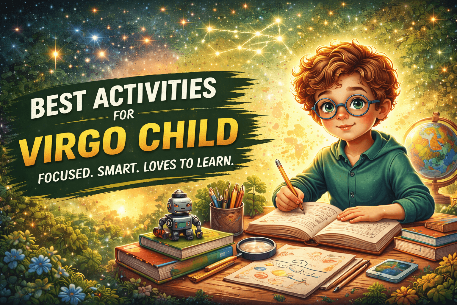 best activities for virgo child astrology guide showing focused child studying with books and learning tools under virgo constellation