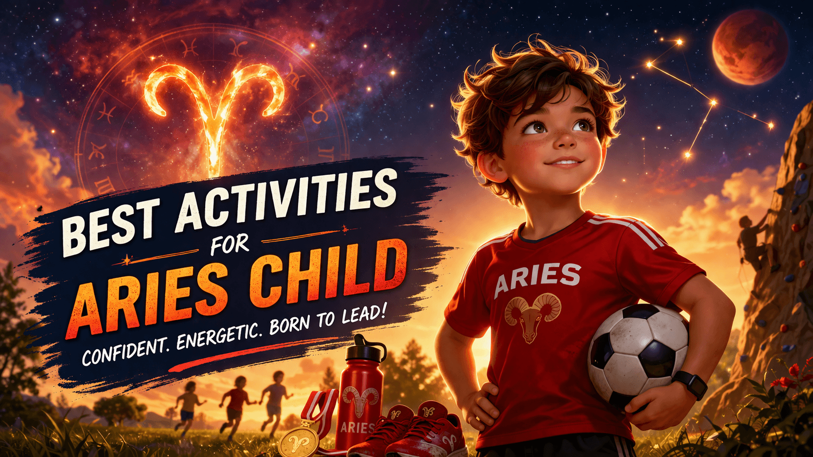 Illustrated Aries child in a red jersey with a football under a fiery night sky