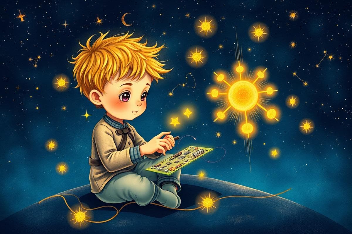 Illustrated Aquarius child building a robot under a glowing water-bearer constellation in a celestial night sky