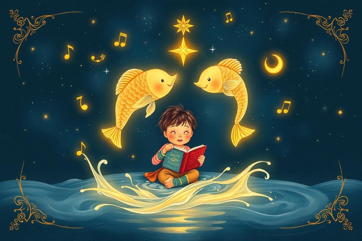Illustrated Pisces child painting and singing under a glowing twin-fish constellation in a celestial night sky