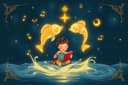 Illustrated Pisces child painting and singing under a glowing twin-fish constellation in a celestial night sky
