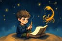 Illustrated Scorpio child playing chess under a glowing scorpion constellation in a celestial night sky